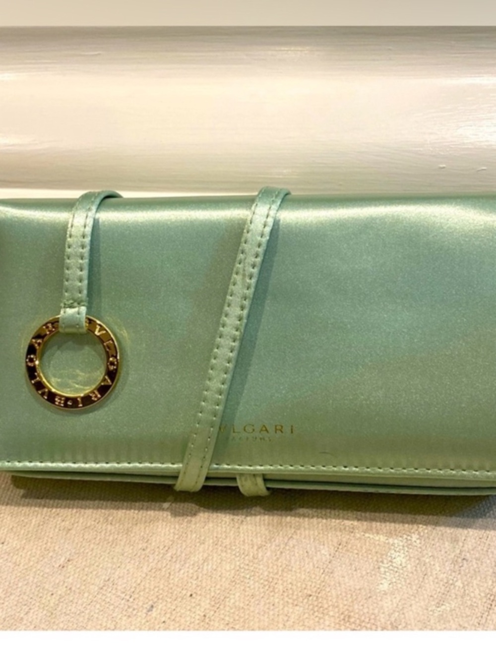 Bulgari Seafoam Green Leather Wristlet Clutch with Gold Charm